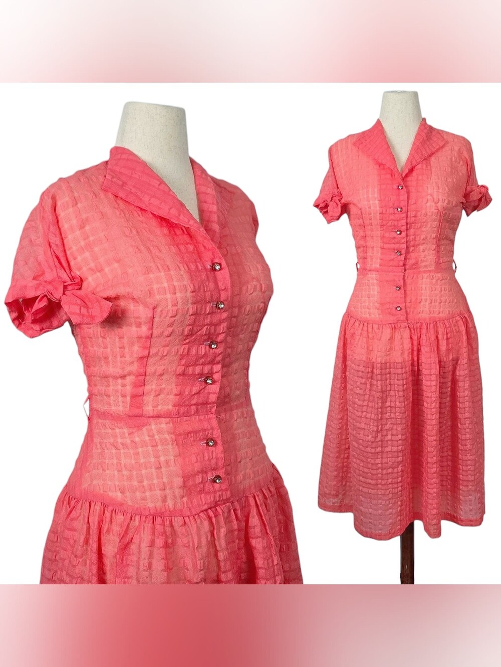 1950s Vintage Dress 50s Seersucker Sheer Midi Coral Pink Medium Fit N Flare Vtg